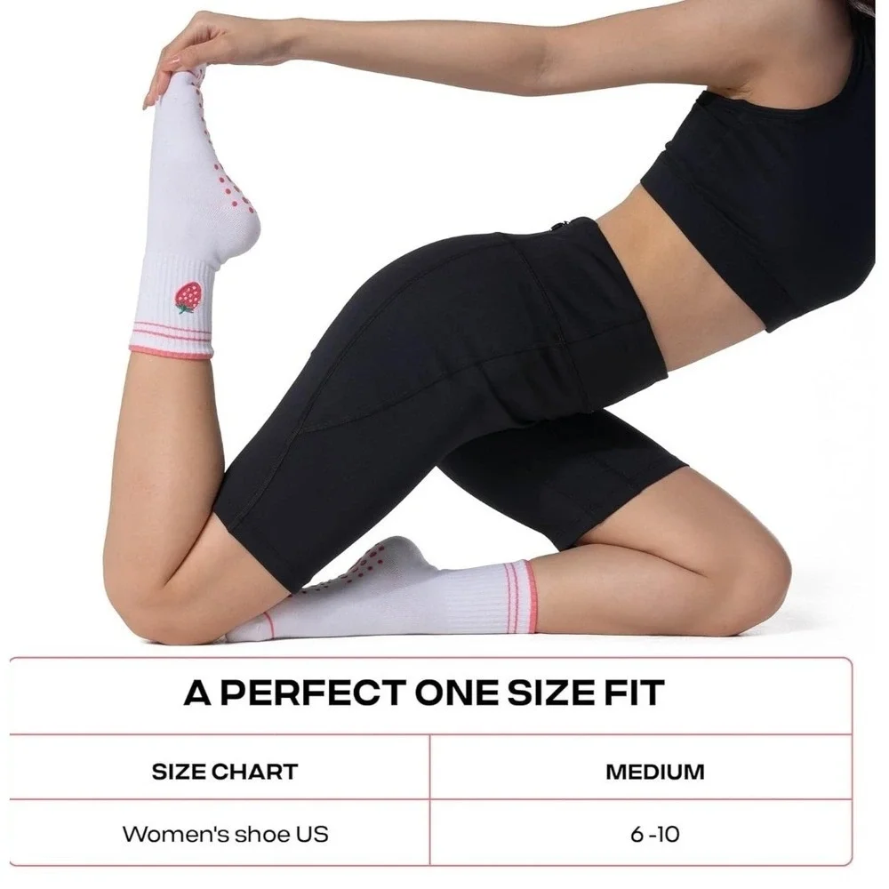 Coolmate Strawberry Embroidered Yoga Pilates Grip Socks White Pink OS 6-10